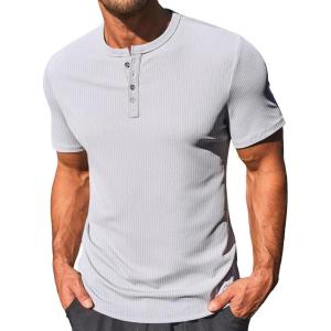 imageRuncati Mens Henley Shirts Short Sleeve Casual Ribbed Knitted Summer TShirt Slim Fit Workout Muscle TopsGrey