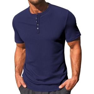 imageRuncati Mens Henley Shirts Short Sleeve Casual Ribbed Knitted Summer TShirt Slim Fit Workout Muscle TopsNavy