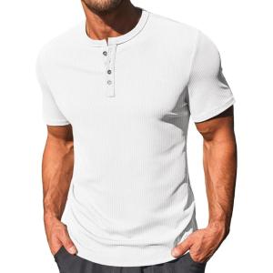 imageRuncati Mens Henley Shirts Short Sleeve Casual Ribbed Knitted Summer TShirt Slim Fit Workout Muscle TopsWhite