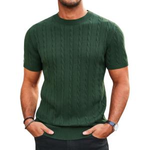 imageRuncati Mens Knit Short Sleeve T Shirts Casual Crewneck Slim Fit Shirt Cable Knitted Stretch Pullover TeesArmy Green