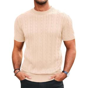 imageRuncati Mens Knit Short Sleeve T Shirts Casual Crewneck Slim Fit Shirt Cable Knitted Stretch Pullover TeesBeige