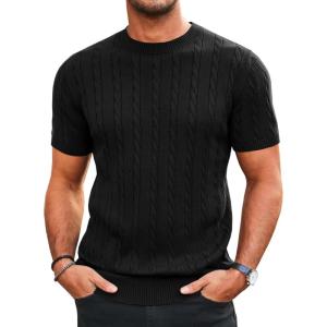 imageRuncati Mens Knit Short Sleeve T Shirts Casual Crewneck Slim Fit Shirt Cable Knitted Stretch Pullover TeesBlack