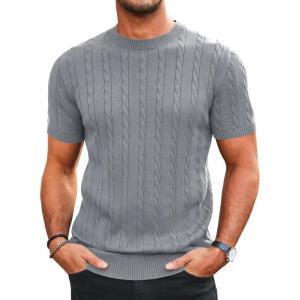 imageRuncati Mens Knit Short Sleeve T Shirts Casual Crewneck Slim Fit Shirt Cable Knitted Stretch Pullover TeesGrey