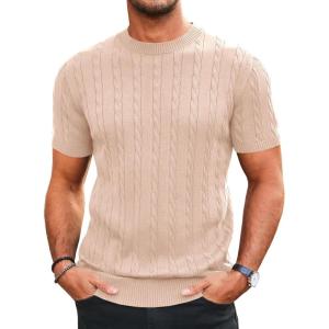imageRuncati Mens Knit Short Sleeve T Shirts Casual Crewneck Slim Fit Shirt Cable Knitted Stretch Pullover TeesKhaki