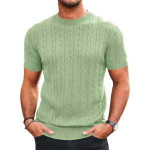 imageRuncati Mens Knit Short Sleeve T Shirts Casual Crewneck Slim Fit Shirt Cable Knitted Stretch Pullover TeesLight Green