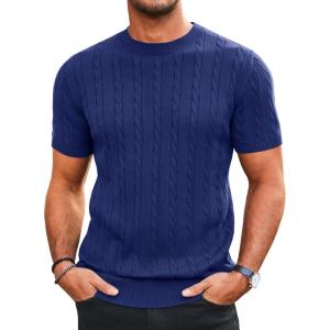 imageRuncati Mens Knit Short Sleeve T Shirts Casual Crewneck Slim Fit Shirt Cable Knitted Stretch Pullover TeesNavy Blue