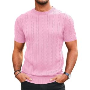imageRuncati Mens Knit Short Sleeve T Shirts Casual Crewneck Slim Fit Shirt Cable Knitted Stretch Pullover TeesPink