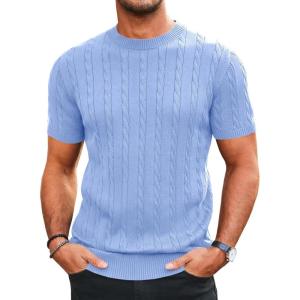 imageRuncati Mens Knit Short Sleeve T Shirts Casual Crewneck Slim Fit Shirt Cable Knitted Stretch Pullover TeesSky Blue