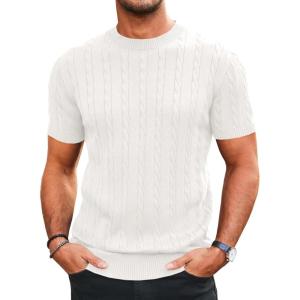 imageRuncati Mens Knit Short Sleeve T Shirts Casual Crewneck Slim Fit Shirt Cable Knitted Stretch Pullover TeesWhite
