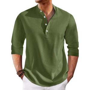 imageRuncati Mens Linen Henley Shirts Casual Lightweight 34 Sleeve TShirt Summer Beach Yoga Hippie TopsArmy Green