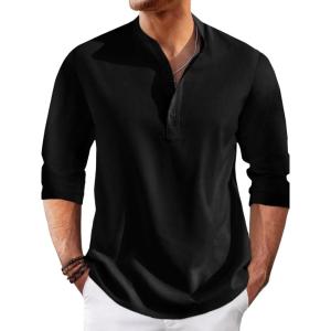 imageRuncati Mens Linen Henley Shirts Casual Lightweight 34 Sleeve TShirt Summer Beach Yoga Hippie TopsBlack