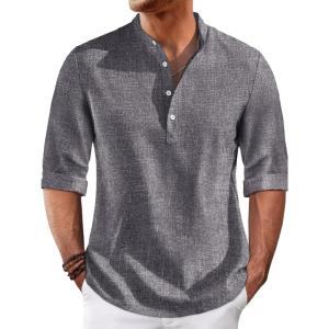 imageRuncati Mens Linen Henley Shirts Casual Lightweight 34 Sleeve TShirt Summer Beach Yoga Hippie TopsDark Grey