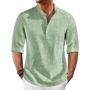 imageRuncati Mens Linen Henley Shirts Casual Lightweight 34 Sleeve TShirt Summer Beach Yoga Hippie TopsOlive Green