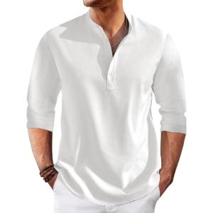 imageRuncati Mens Linen Henley Shirts Casual Lightweight 34 Sleeve TShirt Summer Beach Yoga Hippie TopsWhite
