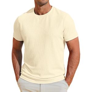 imageRuncati Mens Short Sleeve T Shirts Casual Crewneck Ribbed Knit Tee Tops Slim Fit Basic Stretch Summer ShirtBeige