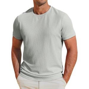 imageRuncati Mens Short Sleeve T Shirts Casual Crewneck Ribbed Knit Tee Tops Slim Fit Basic Stretch Summer ShirtGrey