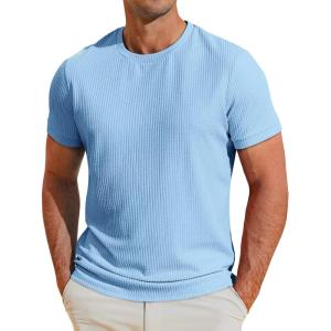 imageRuncati Mens Short Sleeve T Shirts Casual Crewneck Ribbed Knit Tee Tops Slim Fit Basic Stretch Summer ShirtSky Blue