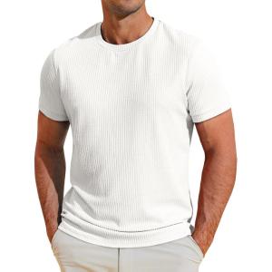 imageRuncati Mens Short Sleeve T Shirts Casual Crewneck Ribbed Knit Tee Tops Slim Fit Basic Stretch Summer ShirtWhite