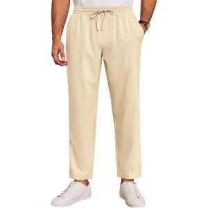 imageRuncati Mens Casual Pants Drawstring Elastic Waist Lightweight Cropped Linen Pants Summer Yoga Beach TrousersBeige
