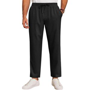 imageRuncati Mens Casual Pants Drawstring Elastic Waist Lightweight Cropped Linen Pants Summer Yoga Beach TrousersBlack