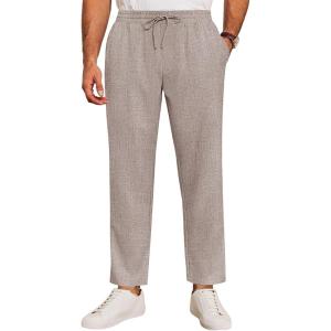 imageRuncati Mens Casual Pants Drawstring Elastic Waist Lightweight Cropped Linen Pants Summer Yoga Beach TrousersKhaki
