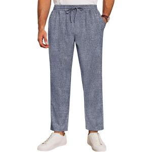 imageRuncati Mens Casual Pants Drawstring Elastic Waist Lightweight Cropped Linen Pants Summer Yoga Beach TrousersNavy