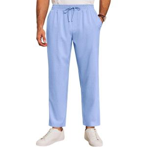 imageRuncati Mens Casual Pants Drawstring Elastic Waist Lightweight Cropped Linen Pants Summer Yoga Beach TrousersSky Blue