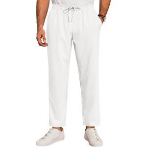 imageRuncati Mens Casual Pants Drawstring Elastic Waist Lightweight Cropped Linen Pants Summer Yoga Beach TrousersWhite