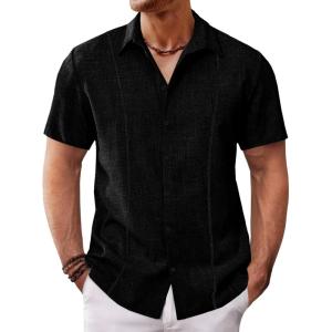imageRuncati Mens Short Sleeve Guayabera Shirts Cuban Button Down Casual Shirt Summer Vacation Wedding Embroidered Linen TopsBlack