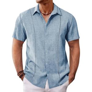 imageRuncati Mens Short Sleeve Guayabera Shirts Cuban Button Down Casual Shirt Summer Vacation Wedding Embroidered Linen TopsBlue