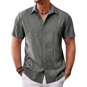 imageRuncati Mens Short Sleeve Guayabera Shirts Cuban Button Down Casual Shirt Summer Vacation Wedding Embroidered Linen TopsDark Gray