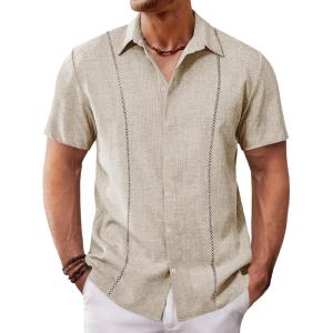 imageRuncati Mens Short Sleeve Guayabera Shirts Cuban Button Down Casual Shirt Summer Vacation Wedding Embroidered Linen TopsLight Khaki