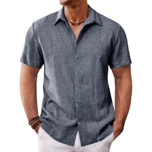 imageRuncati Mens Short Sleeve Guayabera Shirts Cuban Button Down Casual Shirt Summer Vacation Wedding Embroidered Linen TopsNavy