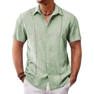 imageRuncati Mens Short Sleeve Guayabera Shirts Cuban Button Down Casual Shirt Summer Vacation Wedding Embroidered Linen TopsOlive Green
