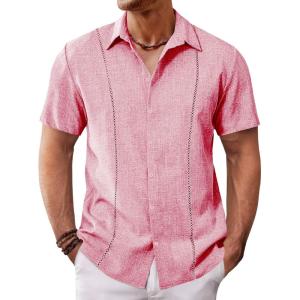 imageRuncati Mens Short Sleeve Guayabera Shirts Cuban Button Down Casual Shirt Summer Vacation Wedding Embroidered Linen TopsPink