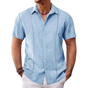 imageRuncati Mens Short Sleeve Guayabera Shirts Cuban Button Down Casual Shirt Summer Vacation Wedding Embroidered Linen TopsSky Blue