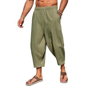 imageRuncati Mens Cotton Harem Capri Pants Yoga Beach Baggy 34 Shorts Pants Casual Elastic Waist Hippie Boho PantsArmy Green