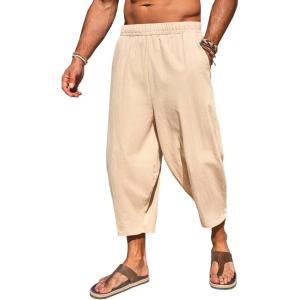 imageRuncati Mens Cotton Harem Capri Pants Yoga Beach Baggy 34 Shorts Pants Casual Elastic Waist Hippie Boho PantsBeige