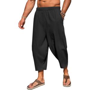 imageRuncati Mens Cotton Harem Capri Pants Yoga Beach Baggy 34 Shorts Pants Casual Elastic Waist Hippie Boho PantsBlack