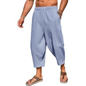imageRuncati Mens Cotton Harem Capri Pants Yoga Beach Baggy 34 Shorts Pants Casual Elastic Waist Hippie Boho PantsGrey