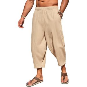 imageRuncati Mens Cotton Harem Capri Pants Yoga Beach Baggy 34 Shorts Pants Casual Elastic Waist Hippie Boho PantsKhaki