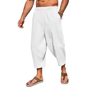 imageRuncati Mens Cotton Harem Capri Pants Yoga Beach Baggy 34 Shorts Pants Casual Elastic Waist Hippie Boho PantsWhite