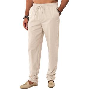 imageRuncati Mens Kaftan Thobe Pants Cotton Casual Elastic Waist Drawstring Muslim Trousers Summer Yoga Kurta Pants with PocketsBeige