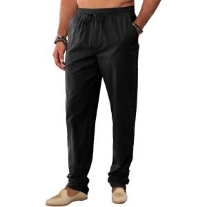 imageRuncati Mens Kaftan Thobe Pants Cotton Casual Elastic Waist Drawstring Muslim Trousers Summer Yoga Kurta Pants with PocketsBlack