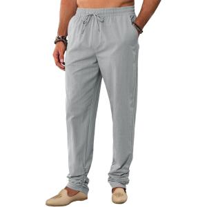imageRuncati Mens Kaftan Thobe Pants Cotton Casual Elastic Waist Drawstring Muslim Trousers Summer Yoga Kurta Pants with PocketsGrey