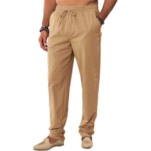imageRuncati Mens Kaftan Thobe Pants Cotton Casual Elastic Waist Drawstring Muslim Trousers Summer Yoga Kurta Pants with PocketsLight Khaki