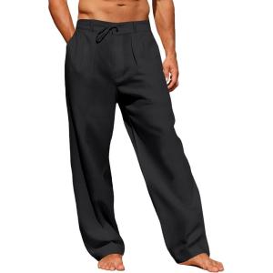 imageRuncati Mens Linen Cotton Casual Pants Elastic Waist Drawstring Lightweight Pants Loose Fit Summer Beach Yoga TrousersBlack