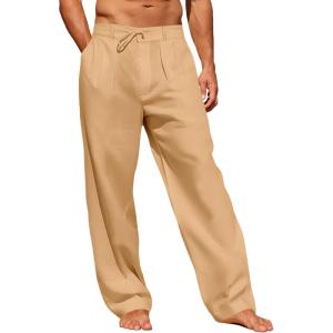 imageRuncati Mens Linen Cotton Casual Pants Elastic Waist Drawstring Lightweight Pants Loose Fit Summer Beach Yoga TrousersKhaki