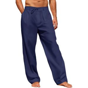 imageRuncati Mens Linen Cotton Casual Pants Elastic Waist Drawstring Lightweight Pants Loose Fit Summer Beach Yoga TrousersNavy