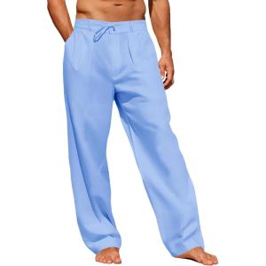imageRuncati Mens Linen Cotton Casual Pants Elastic Waist Drawstring Lightweight Pants Loose Fit Summer Beach Yoga TrousersSky Blue